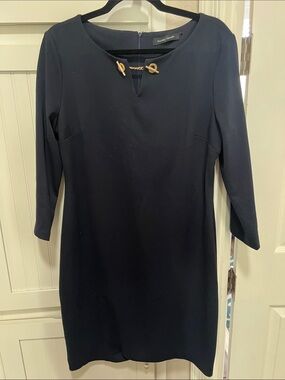 Ivanka Trump Navy Long-Sleeve Sheath Dress with Gold Accent